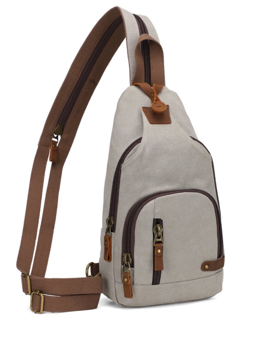 KL928 Canvas Sling Crossbody Bag Unisex - Grey and Brown with Leather zips